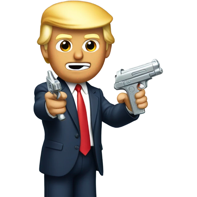 Donald trump holding a silver squirt gun in one hand and aiming the quirt gun at the side of his head emoji