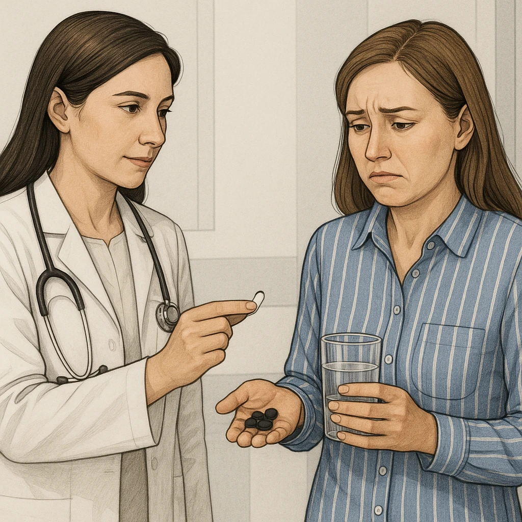 A realistic or illustrative style image of a doctor in a white coat handing medicine to a woman with symptoms. The woman holds pills and a glass of water, with a suffering or worried expression. The background is clinical, inspired by the reference image. emoji