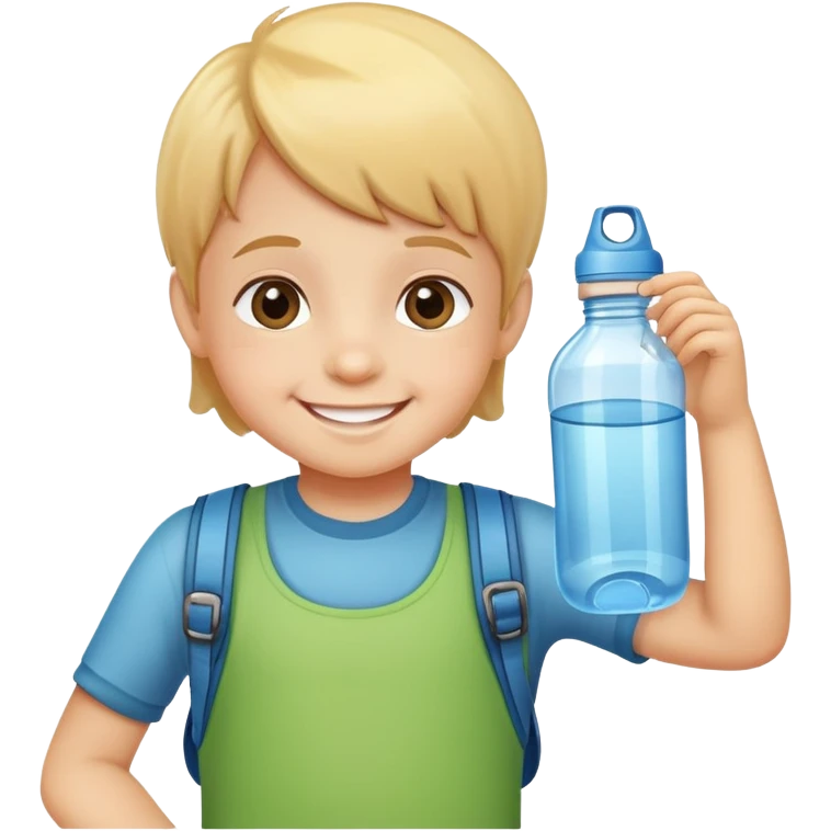 child holding a water bottle, smiling, friendly and cute emoji