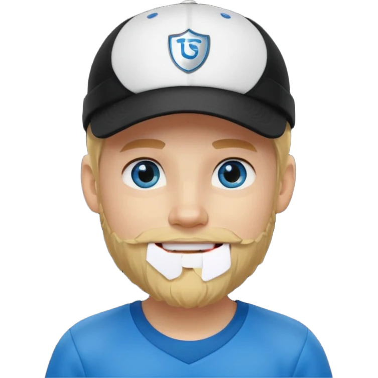 Ragazzo biondo con occhi azzurri e con barbetta bionda e cappello nero  sportivo con visiera emoji