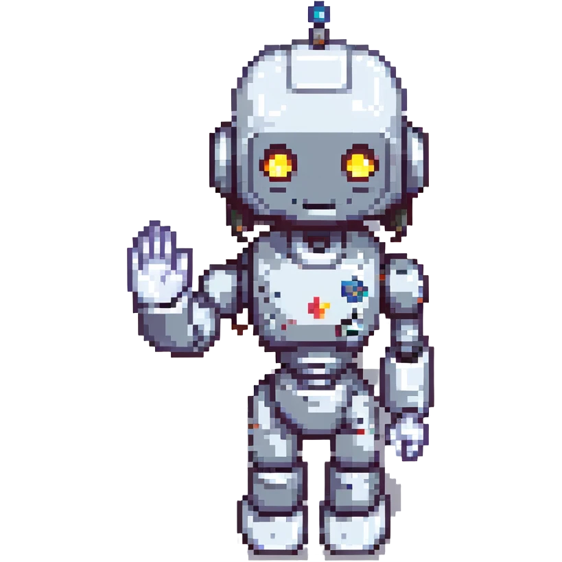 shoulders-up portrait of a cute female recruiter robot, 8-bit pixel art style, metallic, talking, one hand in the air as if presenting emoji