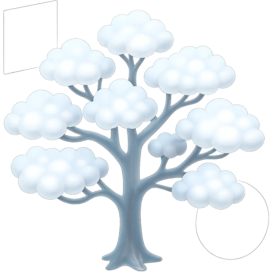 one tree with many branches, each branch covered with many small, very bright white, fluffy, convex clouds, matte glass style, saturated white color of clouds, minimalist background emoji