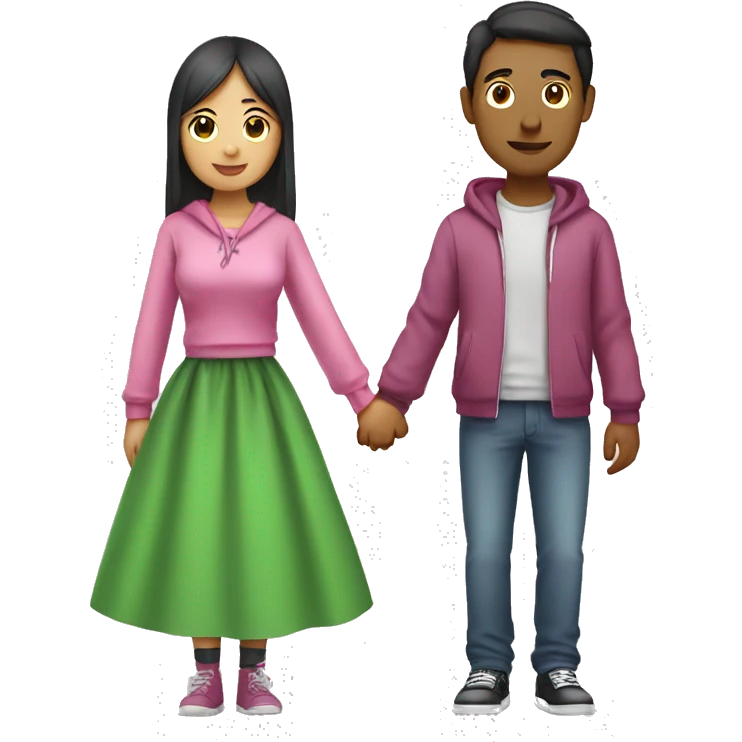 Tall mexican guy with hoodie and short asian girl with pink dress holding hands emoji