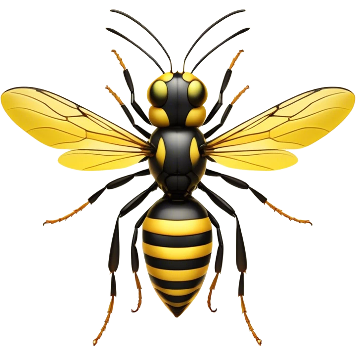 Cinematic Noble Wasp Portrait Emoji, Poised and formidable, with a sleek, slender body in bold yellow and black hues, angular, translucent wings and sharp, focused eyes exuding determined intensity, Simplified yet strikingly defined features, highly detailed, glowing with a cool, assertive radiance, high shine, intelligent and vigilant, stylized with an air of natural precision, focused and alert, soft glowing outline, capturing the essence of a watchful wasp that appears ready to buzz out of the screen with commanding presence! emoji
