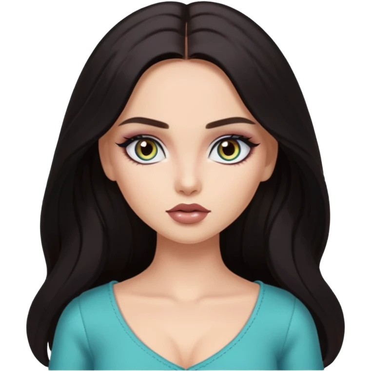 dark long hair, pretty heterochromia eyes, pretty makeup, pretty bratz baddie emoji