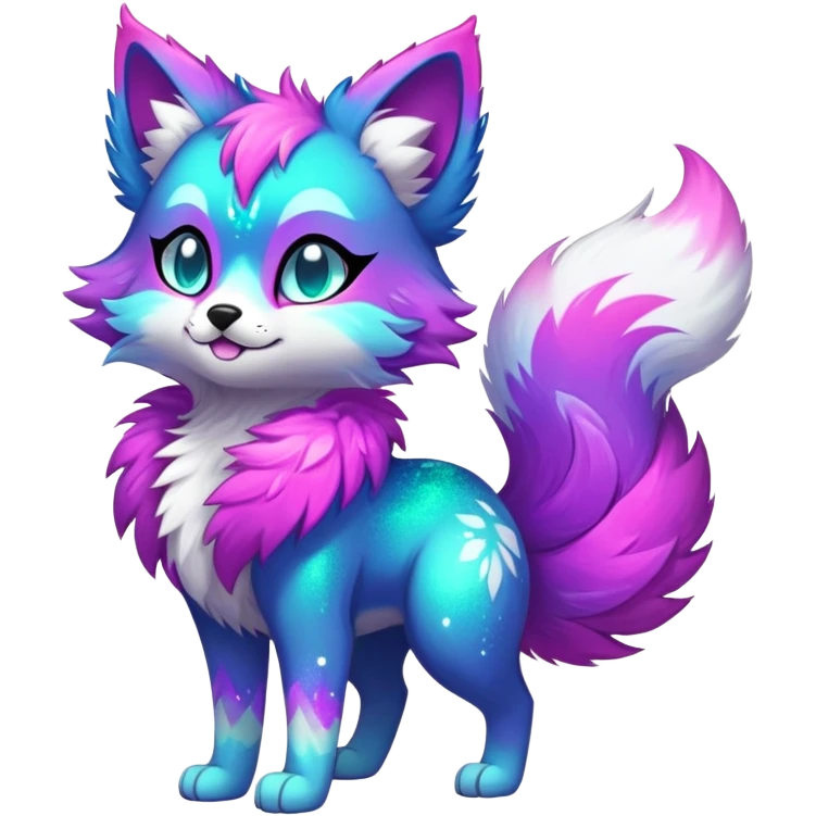 Vibrant multicolored neon-colored Falvie-Fionbri-creature-sparkle-feline-canine-hybrid-fursona, full body emoji