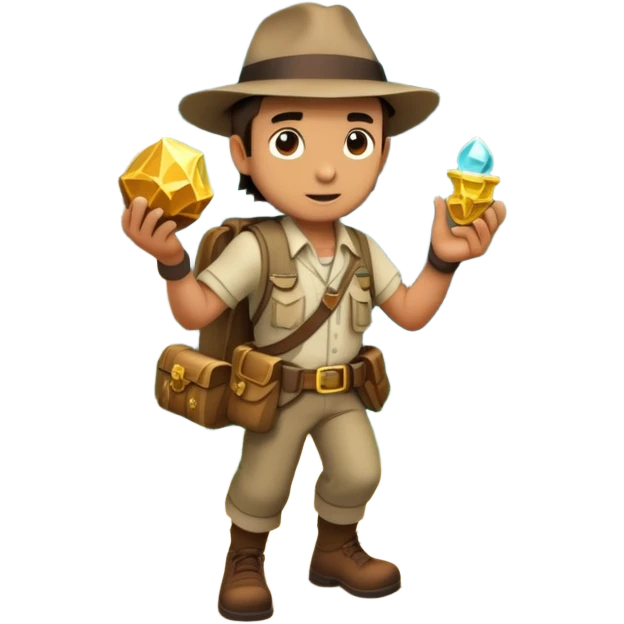 an adventure game, inspired by Uncharted-2. The design features a rugged explorer navigating through ancient ruins, with treasure and obstacles in the background. A dynamic environment with jungle, cliffs, and puzzles highlights the thrill of discovery and action. Transparent background. emoji