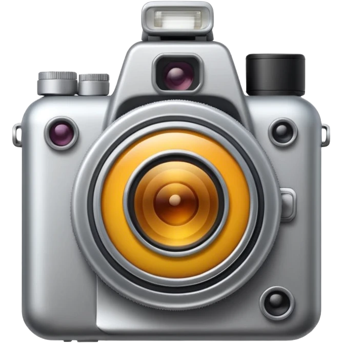 Minimal emoji icon of a modern metalic camera, front view, simple shapes, realistic lens,  emoji
