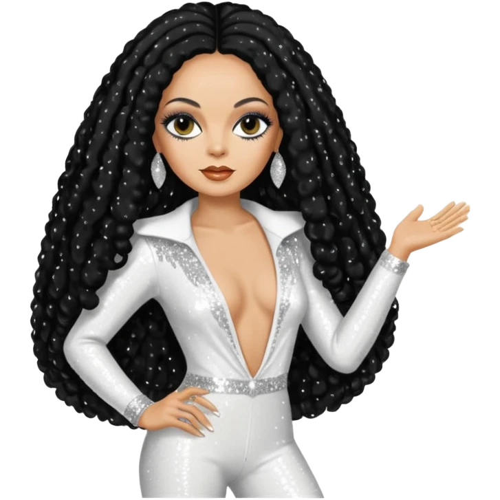 Diana Ross with long jet black hair, white sequin outfit emoji