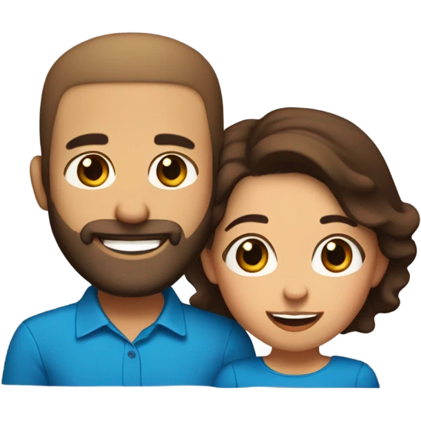 Brown-haired Puerto Rican woman with dark brown eyes wearing a cute blue blouse giving comforting hug to short, bald man with brown eyes, laugh lines, and a beard emoji