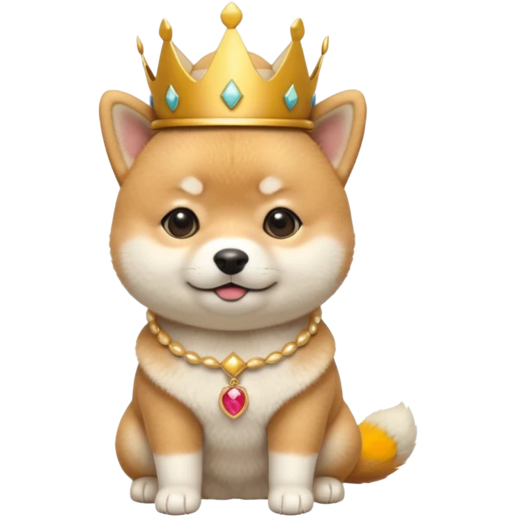 8month old Shiba Inu puppy emoji, wearing small golden crown, cute royal expression, round body, soft fluffy fur, glossy eyes, bright pastel background, kawaii mascot style, centered composition, high quality render emoji