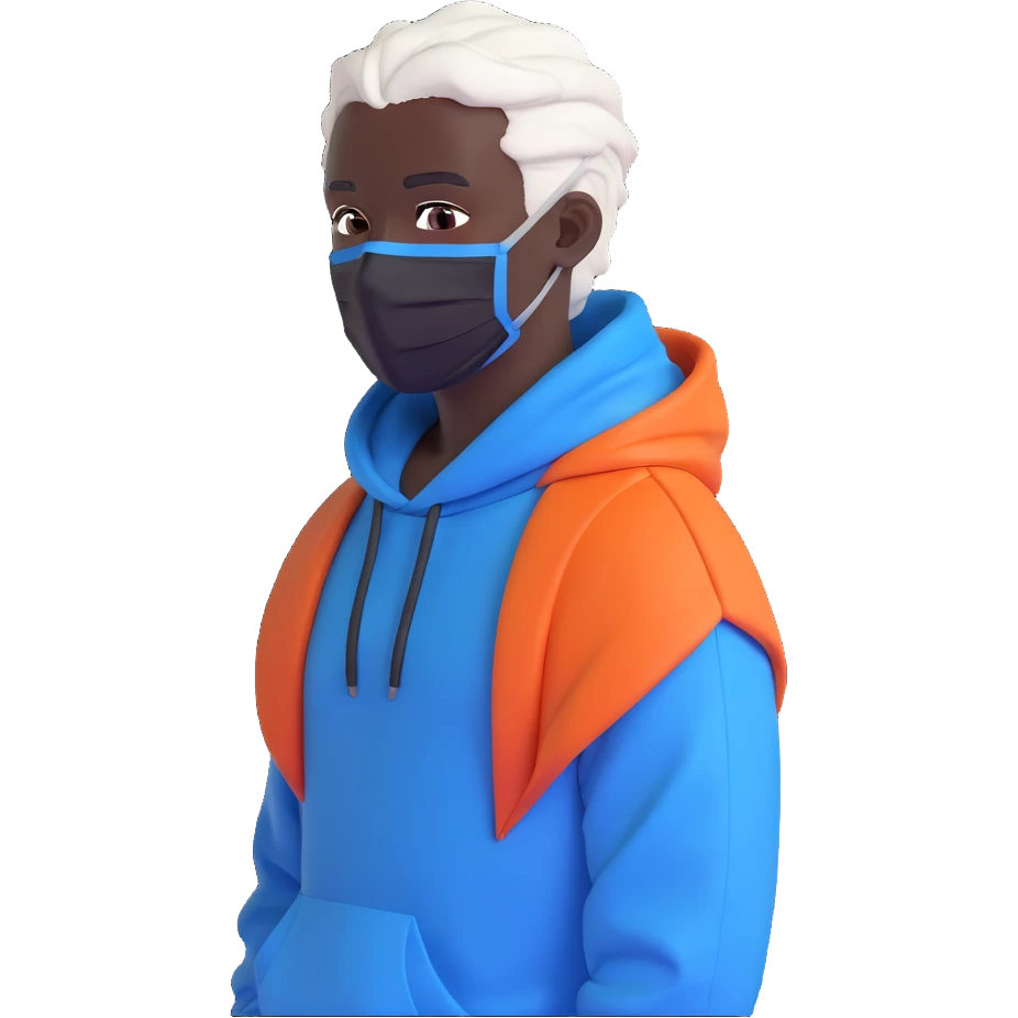 Discord emoji of a Black-skinned man with white hair and a little bit of blue, hair tied up at the back in a style similar to the first photo, viewed from the right angle, wearing a medical mask and a black hoodie with an orange hood, hairstyle features blue at the ends and center of the hair emoji