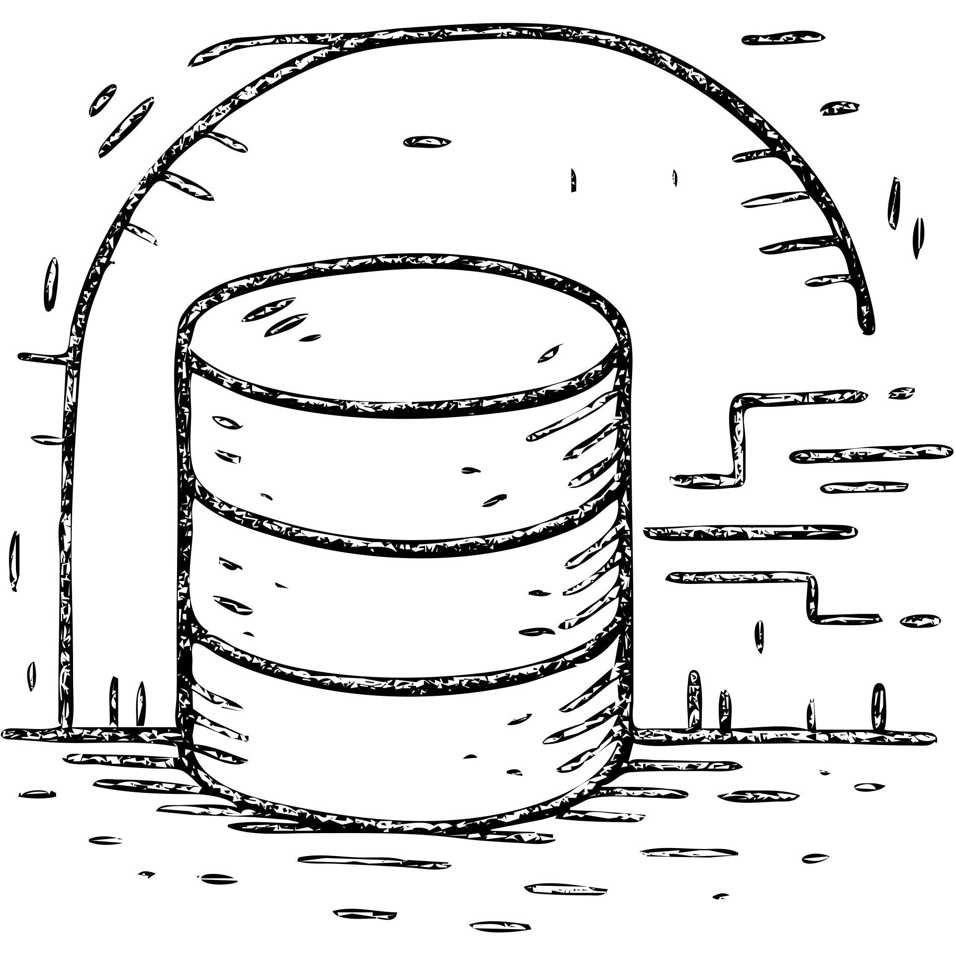 hand drawn outlined icon of stacked database cylinders in a basement or underground setting with abstract data streams, worn and distressed effect, detailed icon emoji