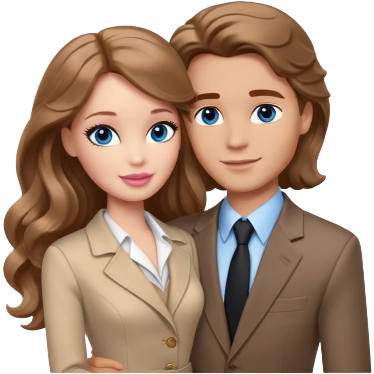 Barbie girl  , eyes blue , Chestnut  long wavy hair In beige clothes, Hugs a man with brown hair, brown eyes and a black suit emoji