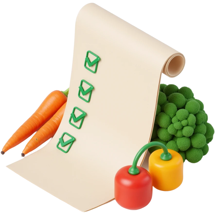floating rolled paper list with green checkboxes and around vegetables emoji