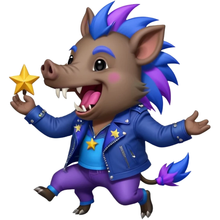 Sticker,A wild boar laughing loudly with a dark blue mohawk with purple and blue hues, wearing a black leather jacket, a wild boar with fangs, but not dangerous,  decorated with stars, ((cheerful, laugh)), surrounded by white outline, on transparent background emoji