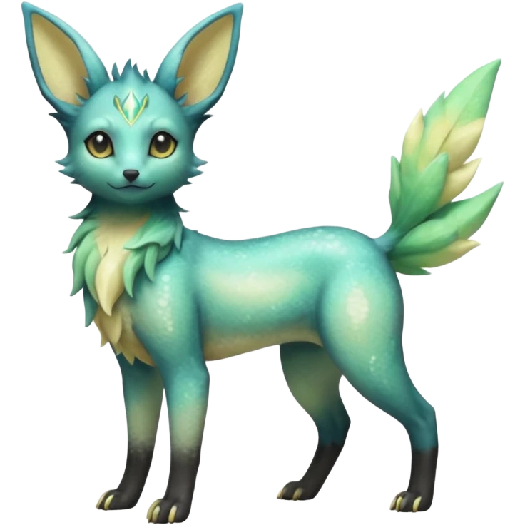 Multicolored sparkly light pale pastel whitish pretty cool elegant realistic planty exotic Trico-Umbreon-Leafeon-hybrid, full body emoji