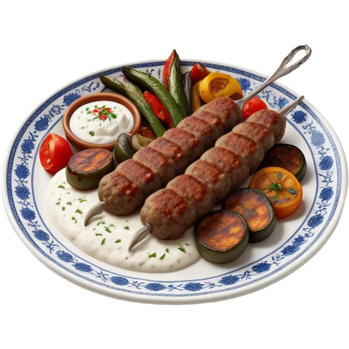 Cinematic Realistic image of a long, hand shaped Turkish Köfte, rendered with richly spiced meat textures and subtle grill marks, artfully arranged on a traditional Turkish ceramic plate alongside classic sides such as a serving of aromatic pilaf, crisp grilled vegetables, and a dollop of creamy yogurt, all bathed in warm, appetizing lighting that emphasizes its savory allure. emoji