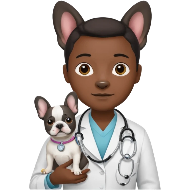 hombre médico que tenga un estetoscopio de color de tez negra que sostiene un bulldog francés blanco emoji