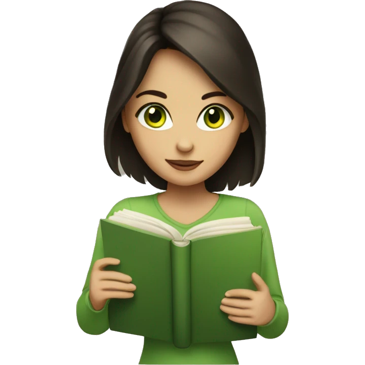 brunette girl with green eyes with book emoji