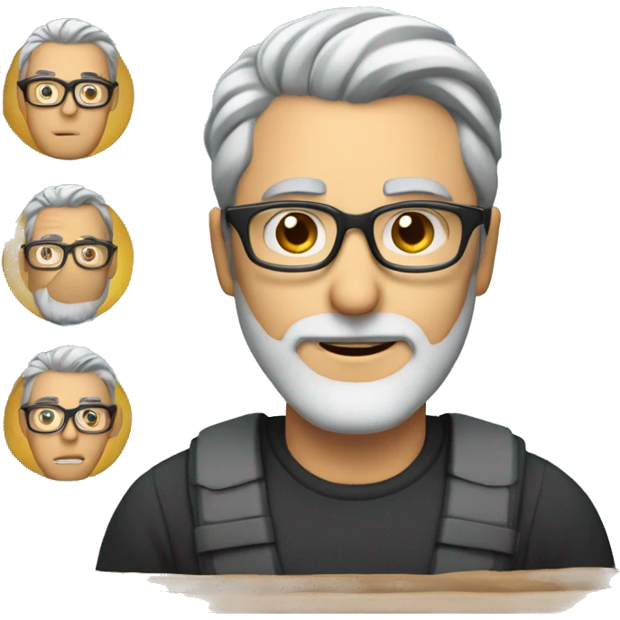 middle age man, blue photo, grey hair, short, black rectangle frame glasses, light beard emoji