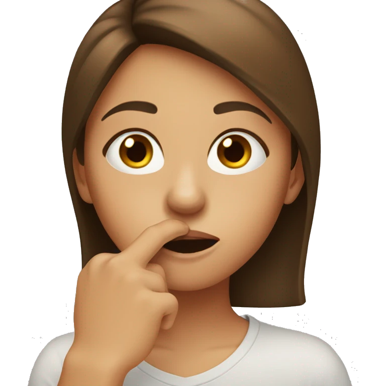Brown-haired girl, puts her finger at her mouth, like a "secret" emoji