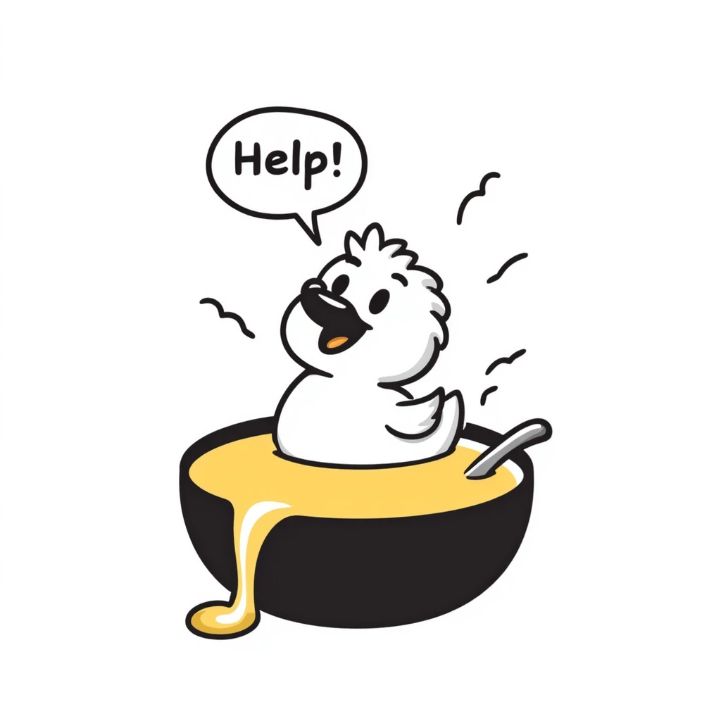 hand-drawn doodle of a duckling in honey, speech bubble 'help!' emoji