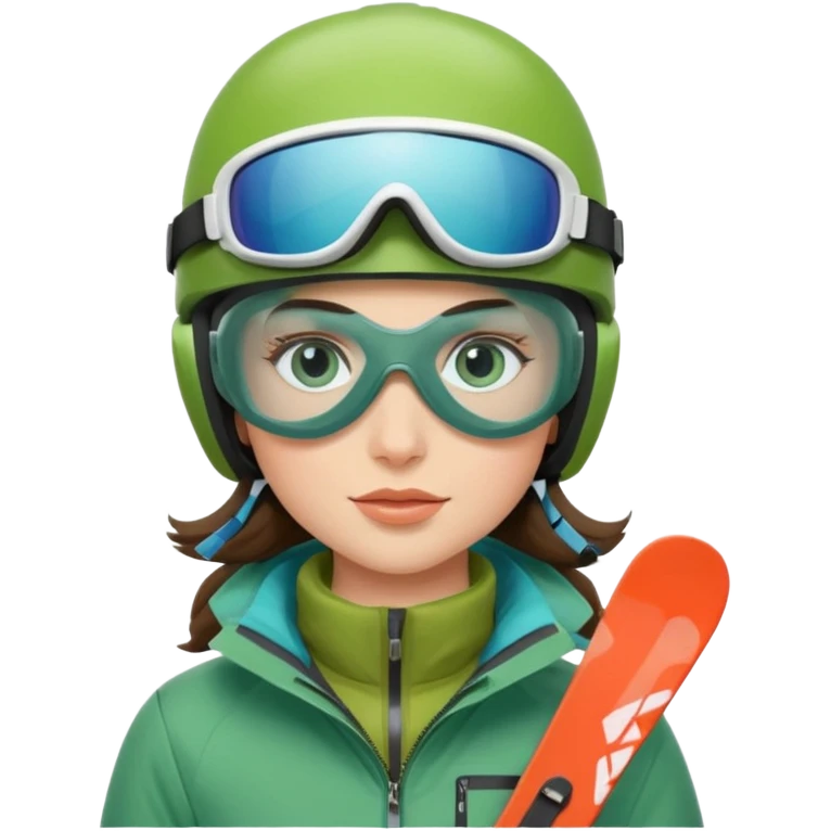 brunette with blue eyes skiing downhill in a green jacket emoji