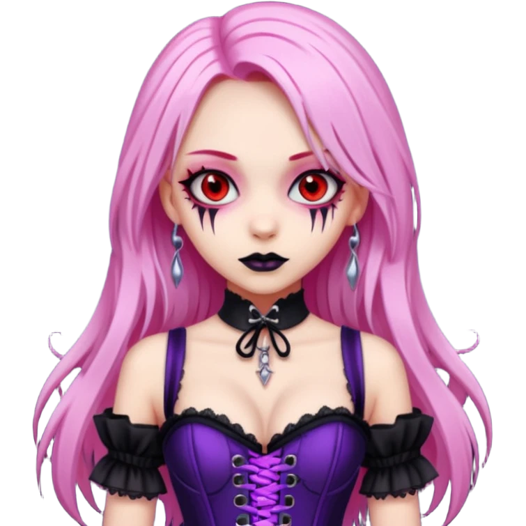 pretty scary girl, long straight LIGHT pink HAIR,SCARY RED eyes, black eyeliner, pale skin, purple corset clothes with laces emoji