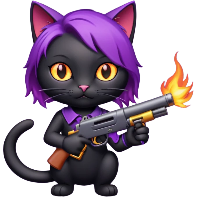 black cat with purple hair and fire gun emoji