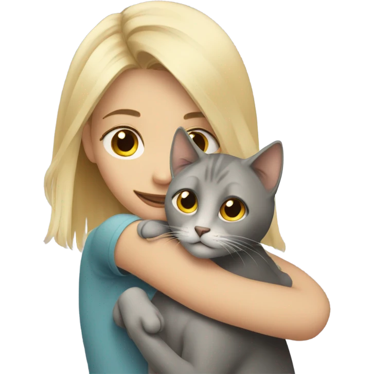 blonde girl hugs grey cat with brown eyes  emoji