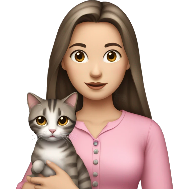 Brunette girl with straight hair in a pink blouse, holding a gray, striped, brown-eyed cat with a bow in her arms emoji