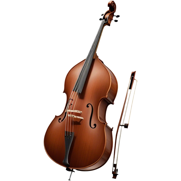 Create an elegant and detailed emoji representing a Gliga Gama double bass with bow. The design should showcase the large, sleek body of the double bass with its rich wood finish, including the characteristic curves and deep tone holes. The bow should be elegantly positioned next to the instrument, highlighting the hair and smooth wooden stick. Use warm wood tones like chestnut brown for the body of the bass, silver accents for the fittings, and dark brown for the bow. Add subtle musical notes or sound waves flowing from the bass to represent its deep, resonant sound. The background should be transparent. emoji