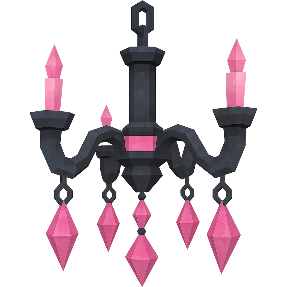BLACKPINK-inspired gothic chandelier, low poly 3D style, black and pink, with geometric crystal drops, no hearts emoji