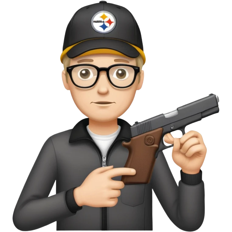 Skinny white man wearing glasses and a Steelers hat holding a Glock emoji