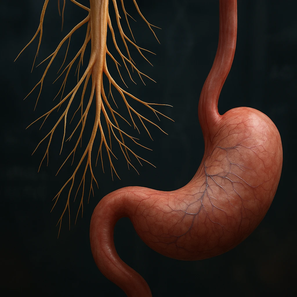 vagus nerve branching towards the stomach, hyper realistic 4K style, anatomical details, scientific atmosphere emoji