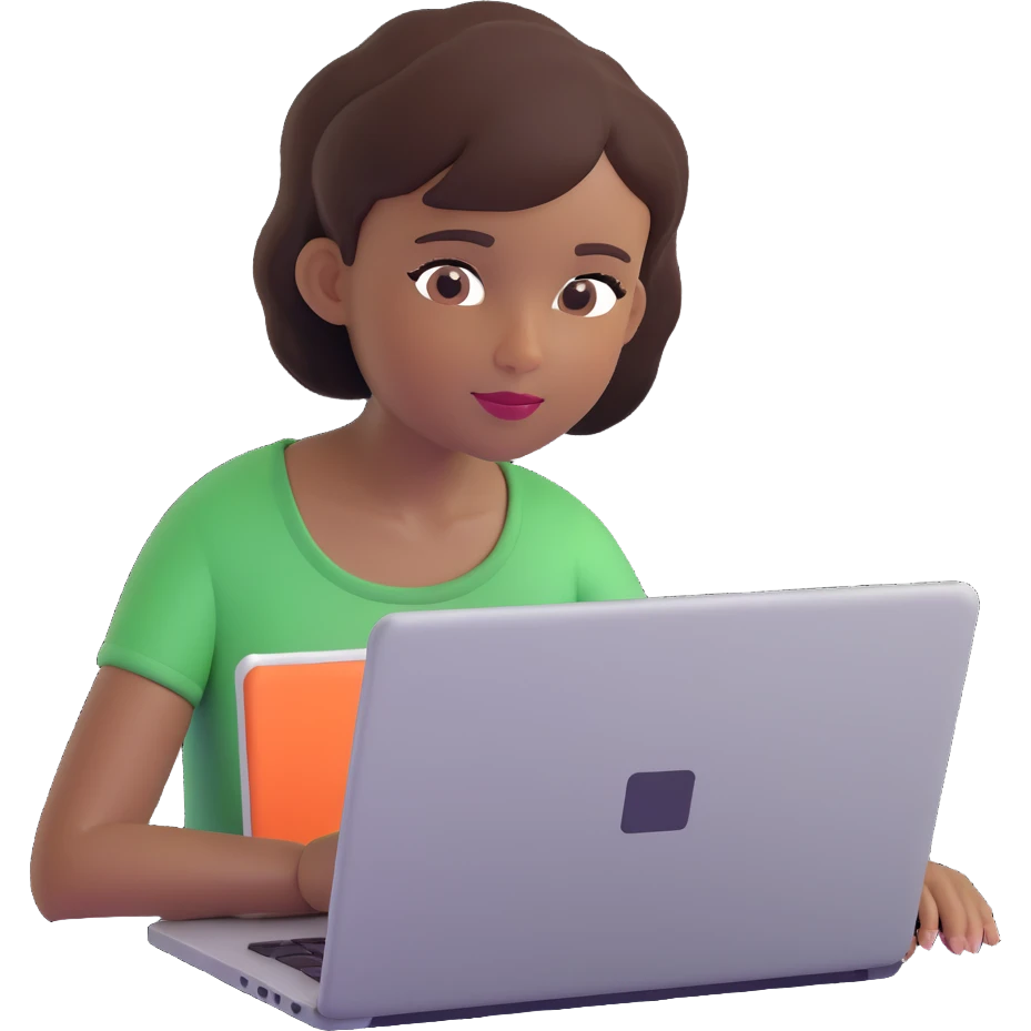 memoji of a short-haired girl with dark complexion, white ethnicity, working on a laptop, simple and clear composition emoji