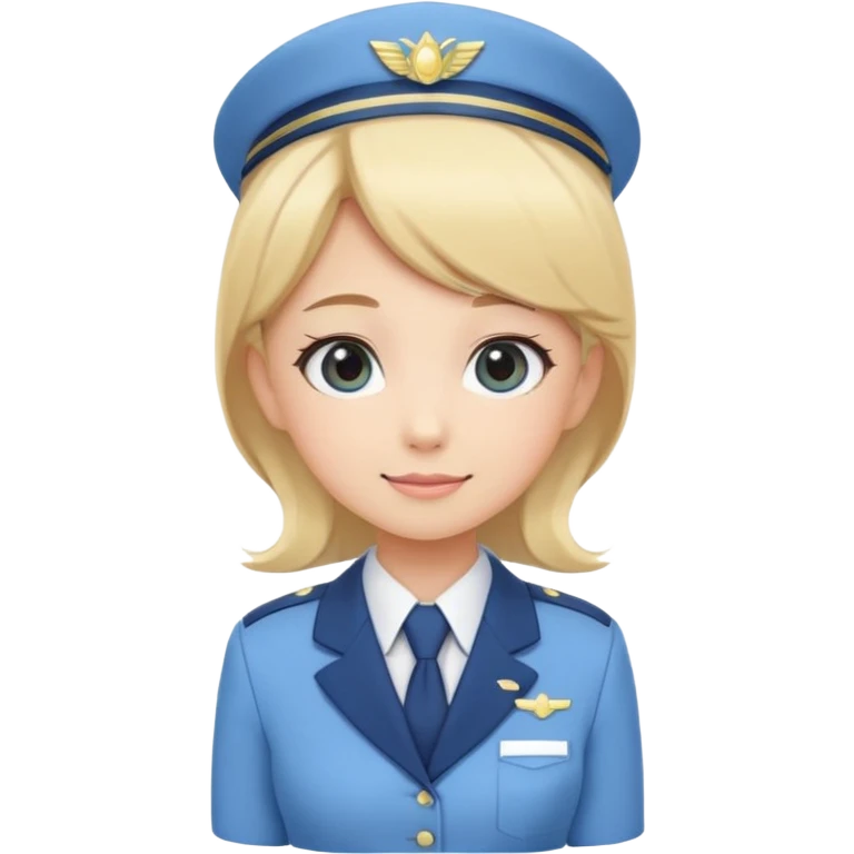 Cute emoji-style Japanese flight attendant, blonde hair, pastel blue airline uniform, kawaii cartoon style, big eyes, simple clean lineart, pastel colors, chibi proportions, friendly smile, sticker/emoji, transparent background emoji