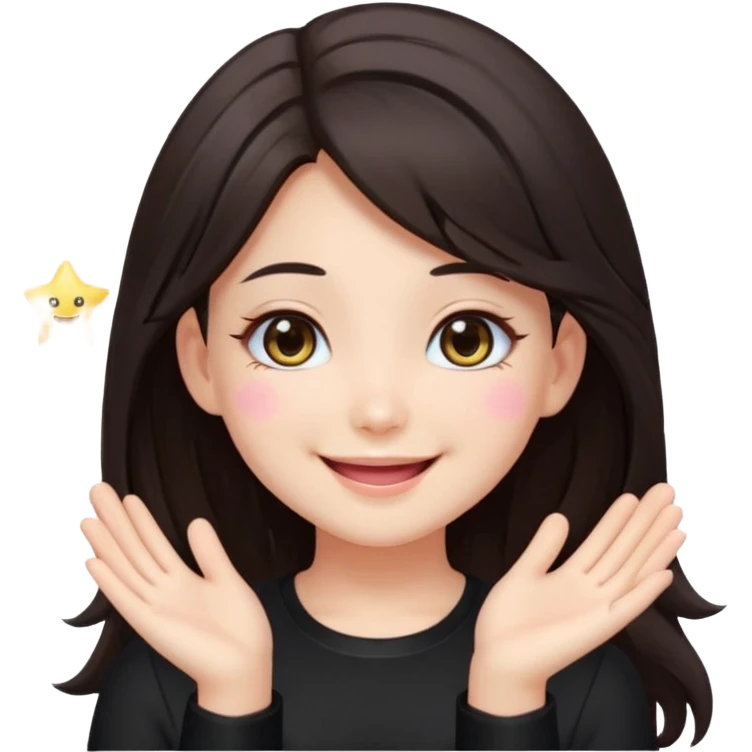 kawaii streamer girl, brunette, dark brown eyes, long dark hair, black outfit, smiling, sparkling eyes, blushing cheeks, happy expression, small stars around, emoji icon emoji