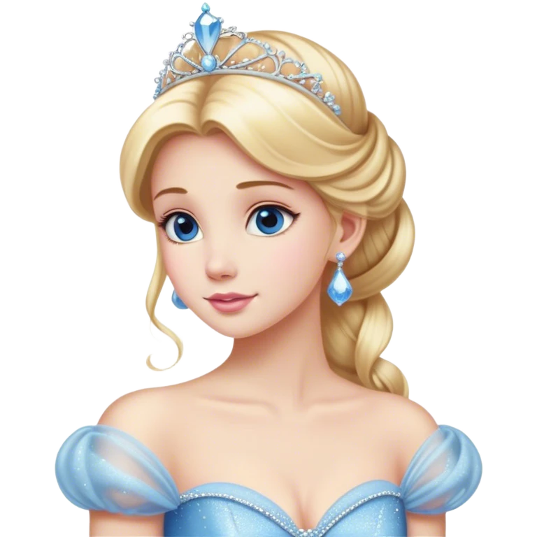 Cinematic Majestic Cinderella Portrait Emoji, rendered in a realistic, vector-style with clean, bold shapes. Depict Cinderella with a refined, noble expression, her fair skin luminous and her long blonde hair styled in an elegant updo, adorned with a delicate tiara. Her attire is a simple, sparkling ball gown that radiates soft pastel hues, glowing with a soft, majestic light and a subtle glowing outline, epitomizing classic royal beauty. emoji