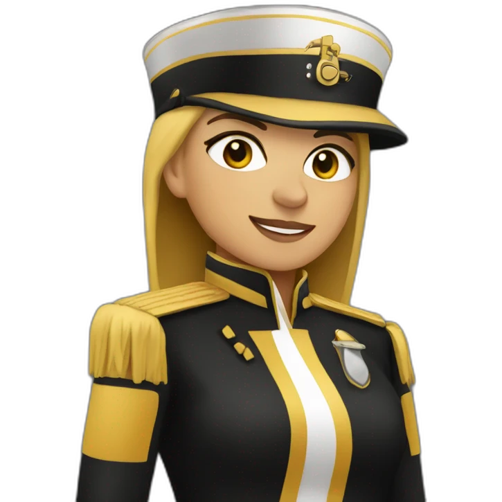 female baratone player in a marching band with a black and gold band uniform emoji