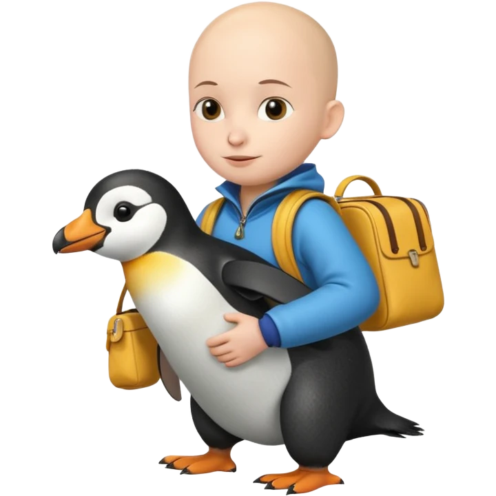 Una persona, vestida con ropa característica de peru sin pelo montado a espaldas de un pingüino con una bolsa de la empresa de reparto glovo en la espalda emoji