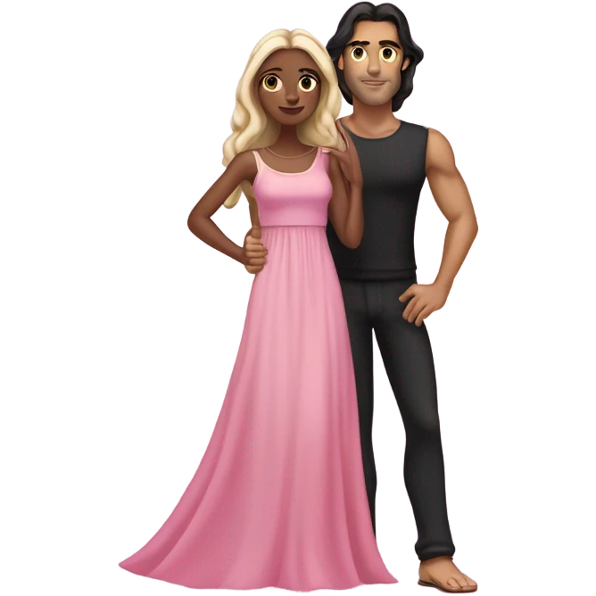 A handsome pale Greek god man who has long brown hair and tanned skin with a pretty black skinny tall model woman who has long black hair and she is wearing a pink dress and they are a couple emoji