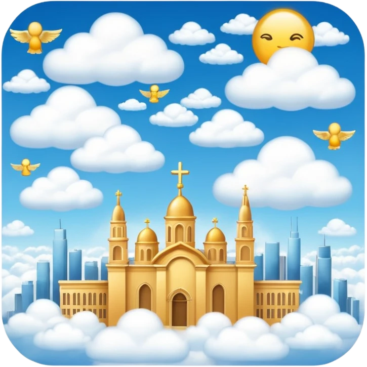 heaven with golden city skylines, angels soaring above, and fluffy clouds, emoji style emoji