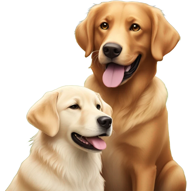 Dark Fox red Labrador and white golden retriever smiling together emoji