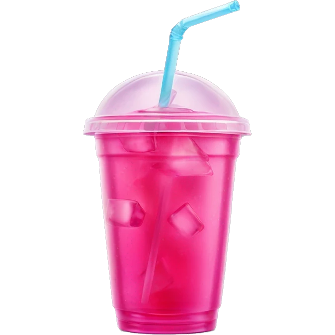 Realistic plastic cup and lid with Transluscent hot pink soda and large ice cubes inside and one straw through the top of the lid. emoji