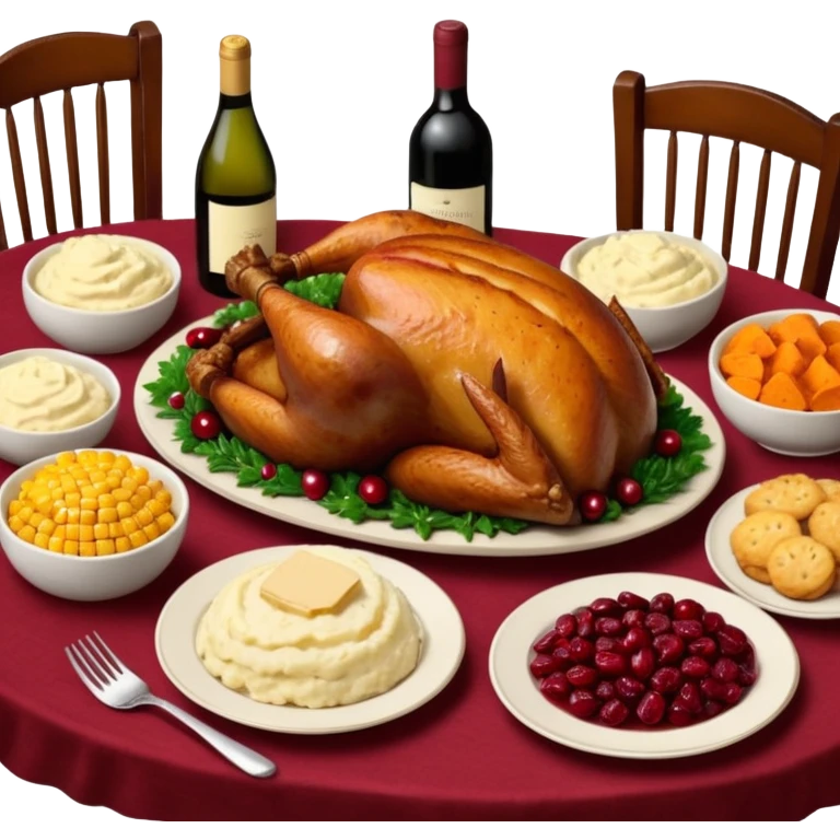 Thanksgiving Dinner with friends of all different races; have the food be a cooked turkey, mashed potatoes, corn, a basket of biscuits, a small bowl of cranberry sauce, baked yams, steamed vegetables, and a bottle of wine. emoji