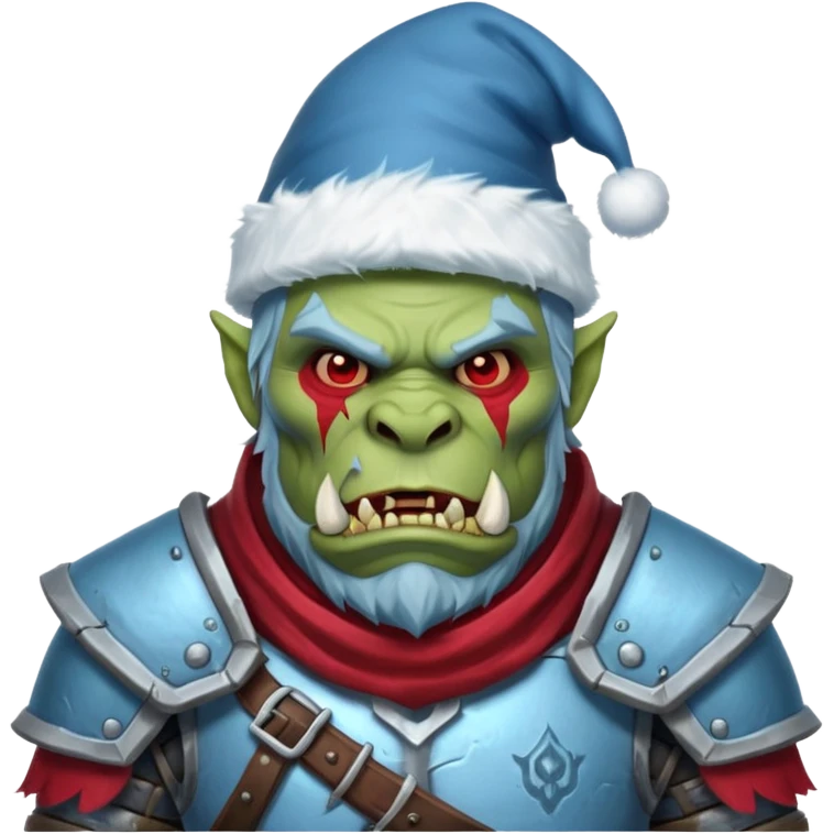 
Fantasy Christmas orc legion soldier icon, iron tundra army theme, heavy winter armor, disciplined brutal look, icy blue steel armor with deep crimson accents, frozen metal texture, cold winter atmosphere, male variant emoji