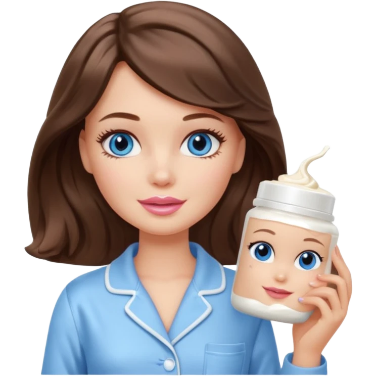 Barbie girl with makeup, blue eyes , and bob long haircut wavy, short brown hair in creamy color pajamas, face cream in hand emoji