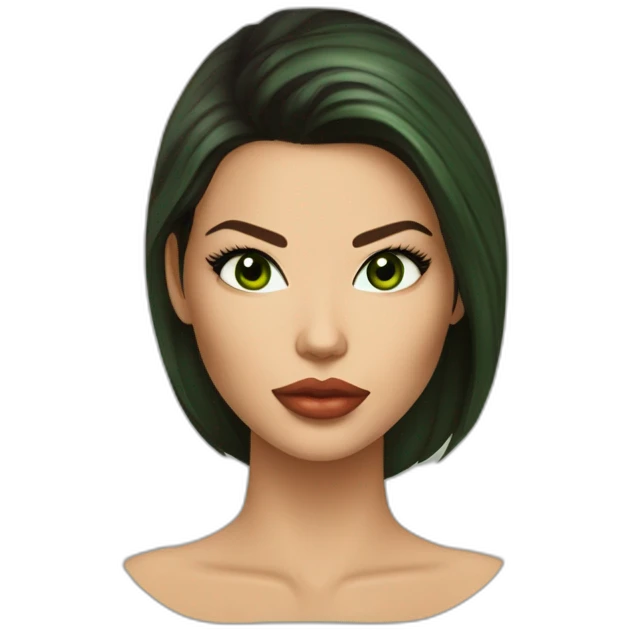 Mujer, ojos avellanados color verdes, labios finos, el color de ojos de adriana lima, cabello castaño oscuro y liso, nariz respingada, mentón prominente emoji